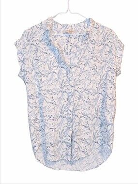White & Blue Floral Printed Short Sleeve Blouse